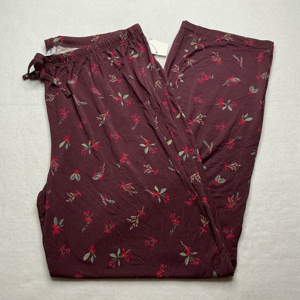 Abound Womens Pajama Pants Large Burgundy Floral Rayon Spandex NWT
